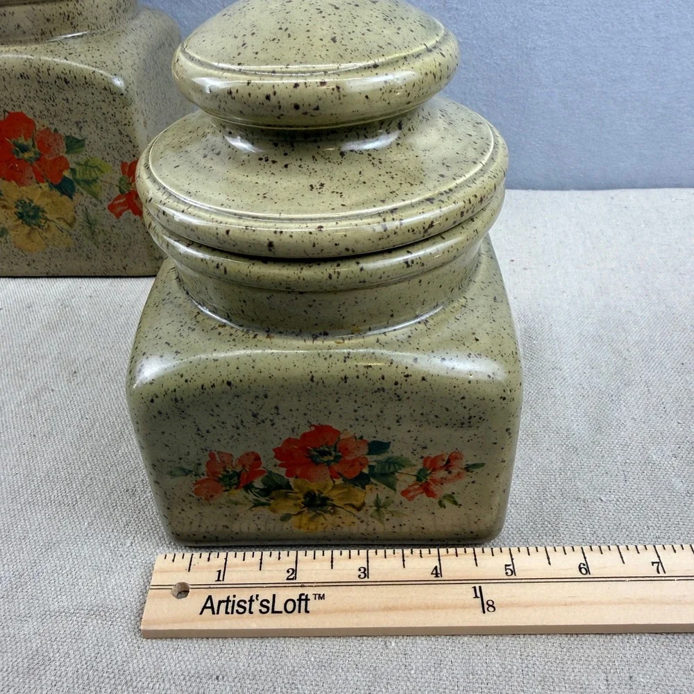 Vintage Clara's Ceramics Floral‎ Canister Set 3 Speckled Stoneware Retro Kitchen